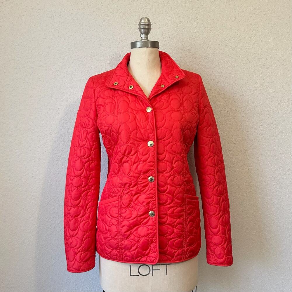 COACH Signature Logo Quilted Jacket Red Satin Lined Winter Gorpcore